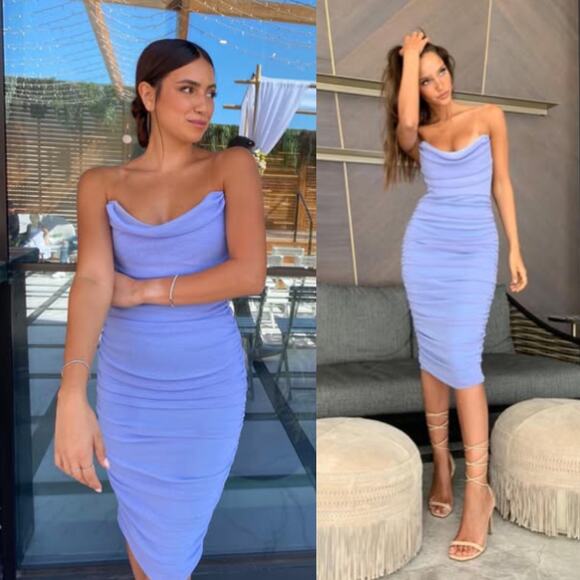 Michael Costello x REVOLVE | India Midi Dress in Periwinkle Strapless Ruched XS - Picture 1 of 16